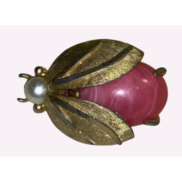 Gold Tone Bug with Pink Stone Body And Faux Pearl Heads Signed RSK - Picture 4 of 4